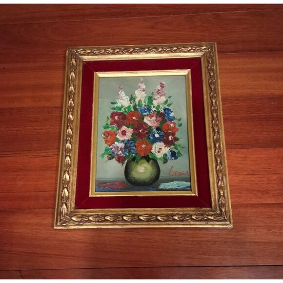 Original Oil Painting Floral Impressism Gold Framed Red Velvet Vintage 1970s - Picture 1 of 5